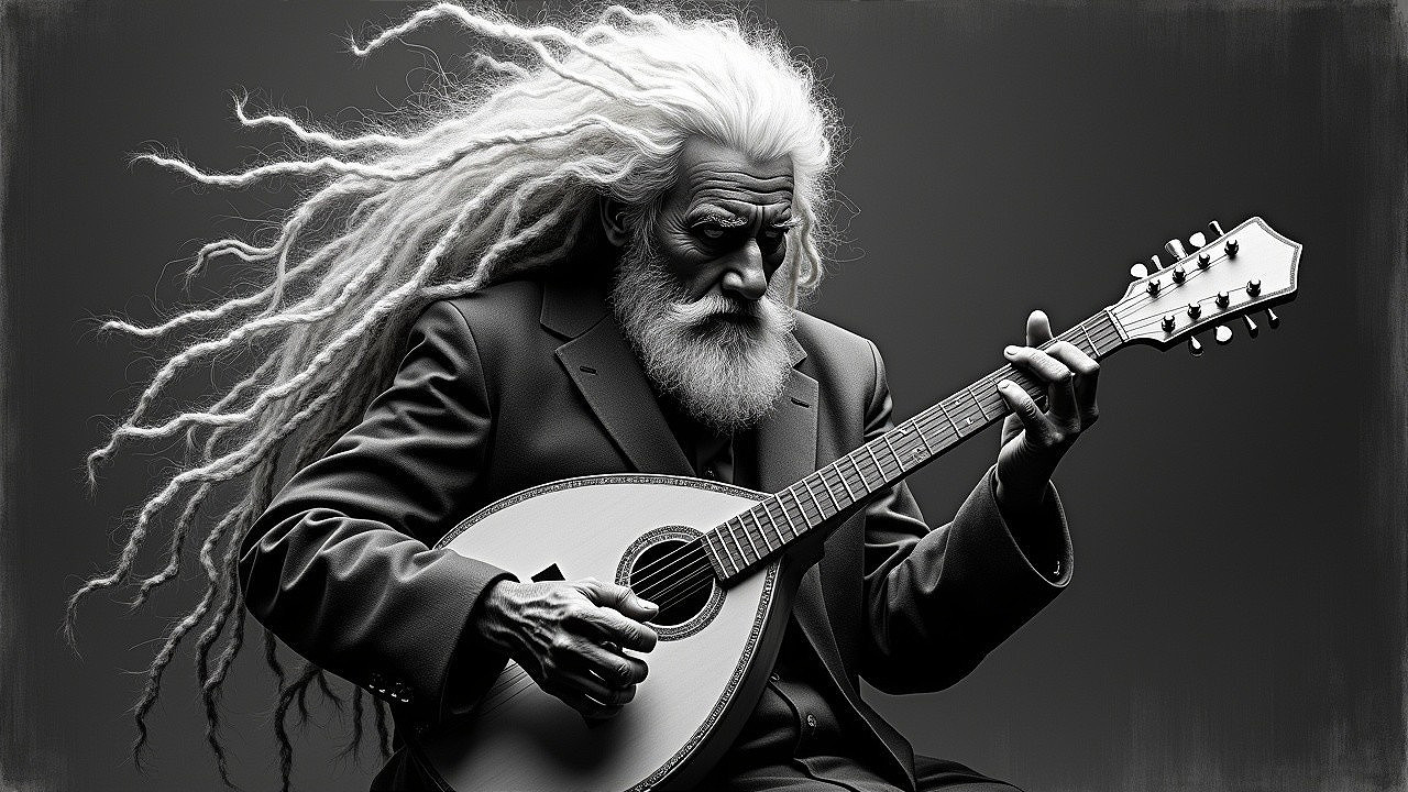 Elderly Man in Black Suit Playing Mandolin in B&W
