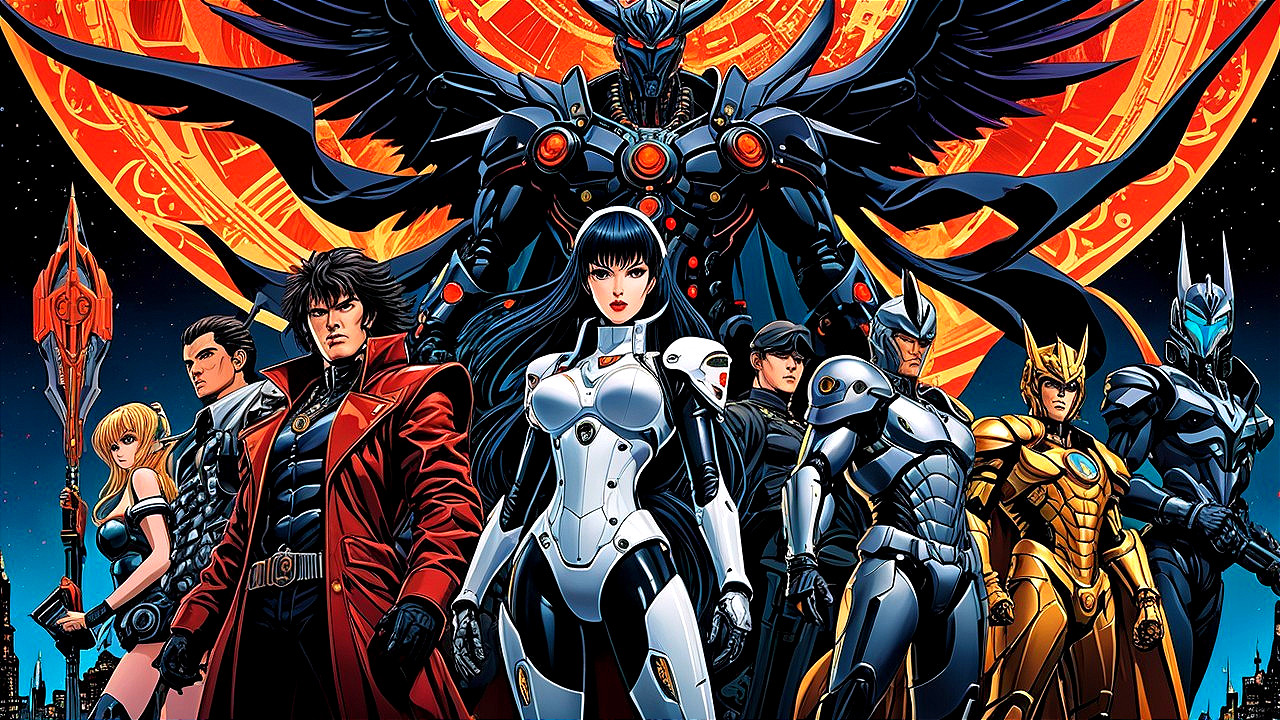 Superheroes in Unique Armor Against Fiery Backdrop