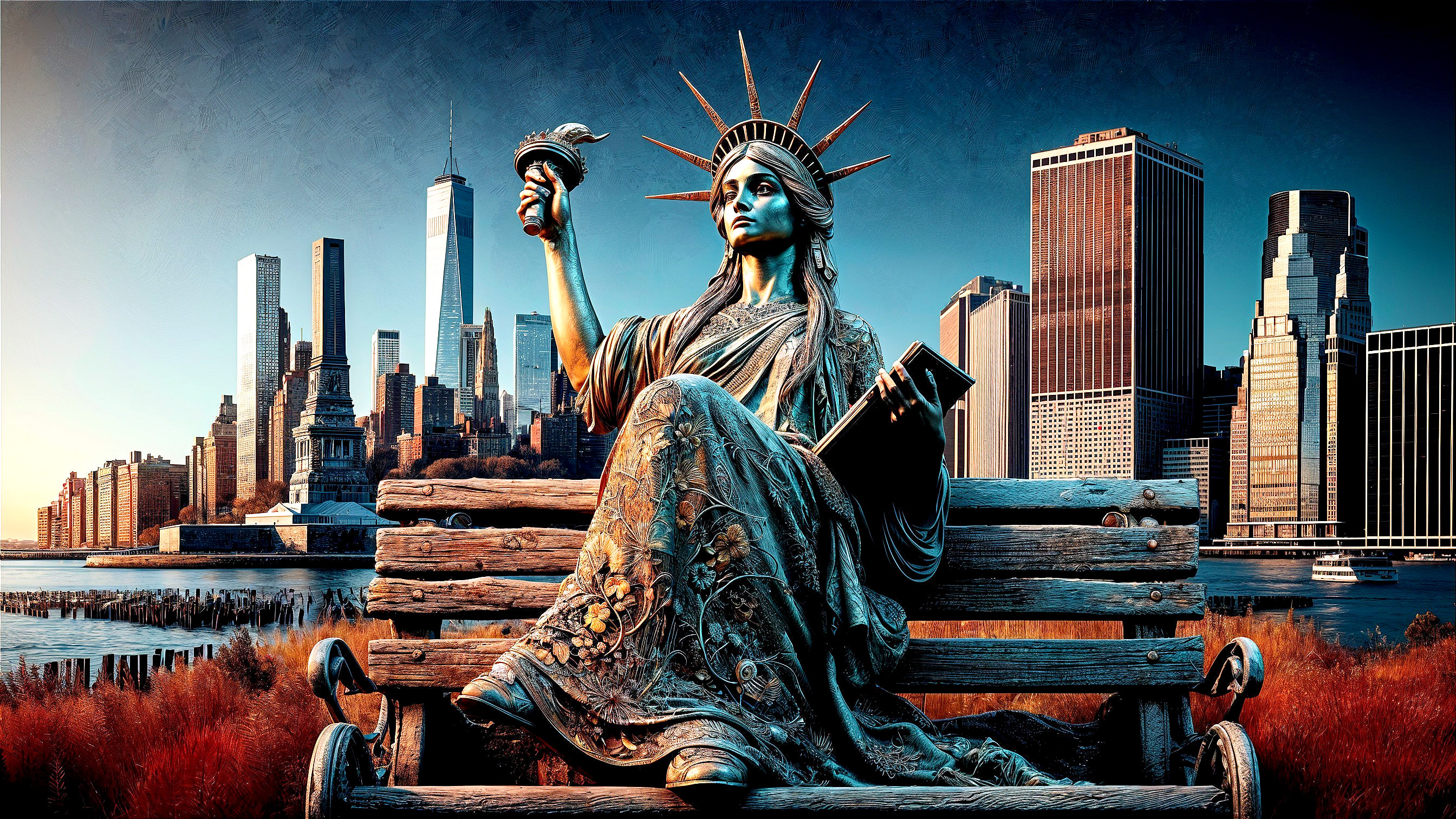 Stylized Statue of Liberty in Urban Setting with Skyscrapers