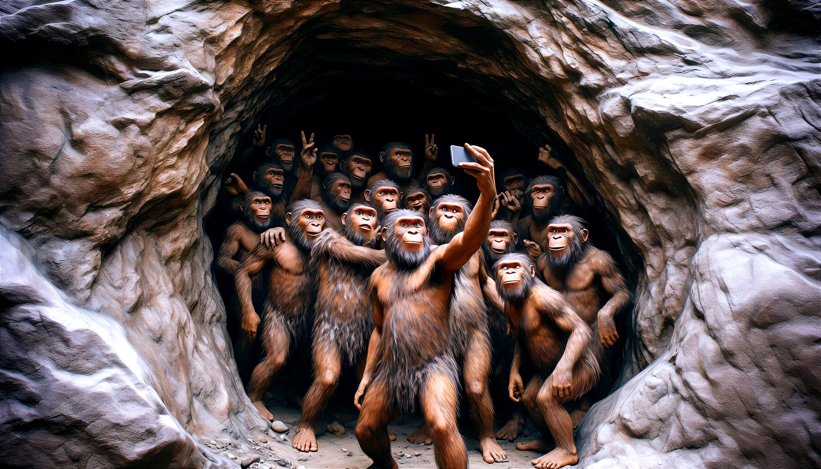 Anthropomorphic Hominins in a Cave with Modern Props