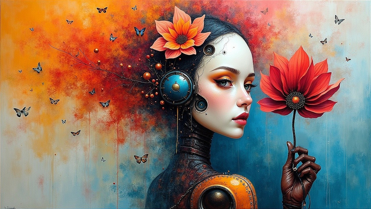Young Woman with Robotic Features and Vibrant Flowers