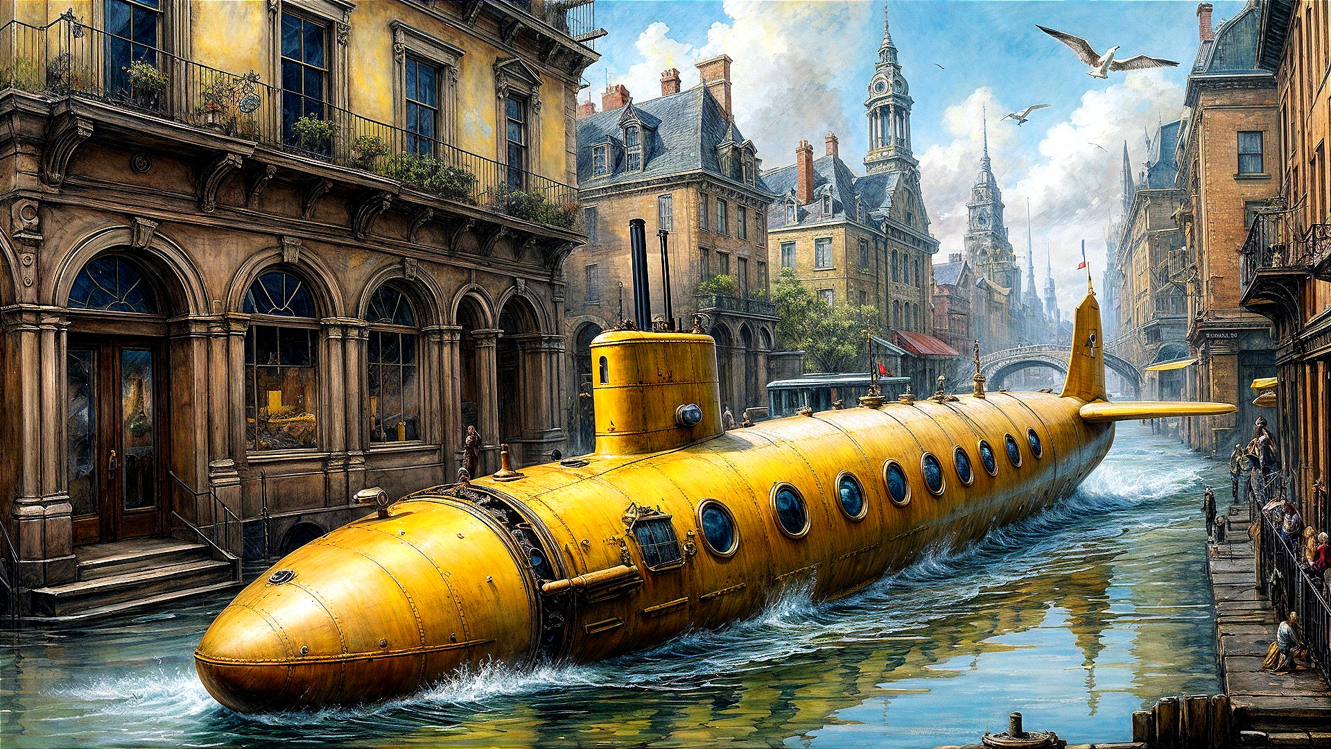 Bright Yellow Submarine in Historical Canal Scene