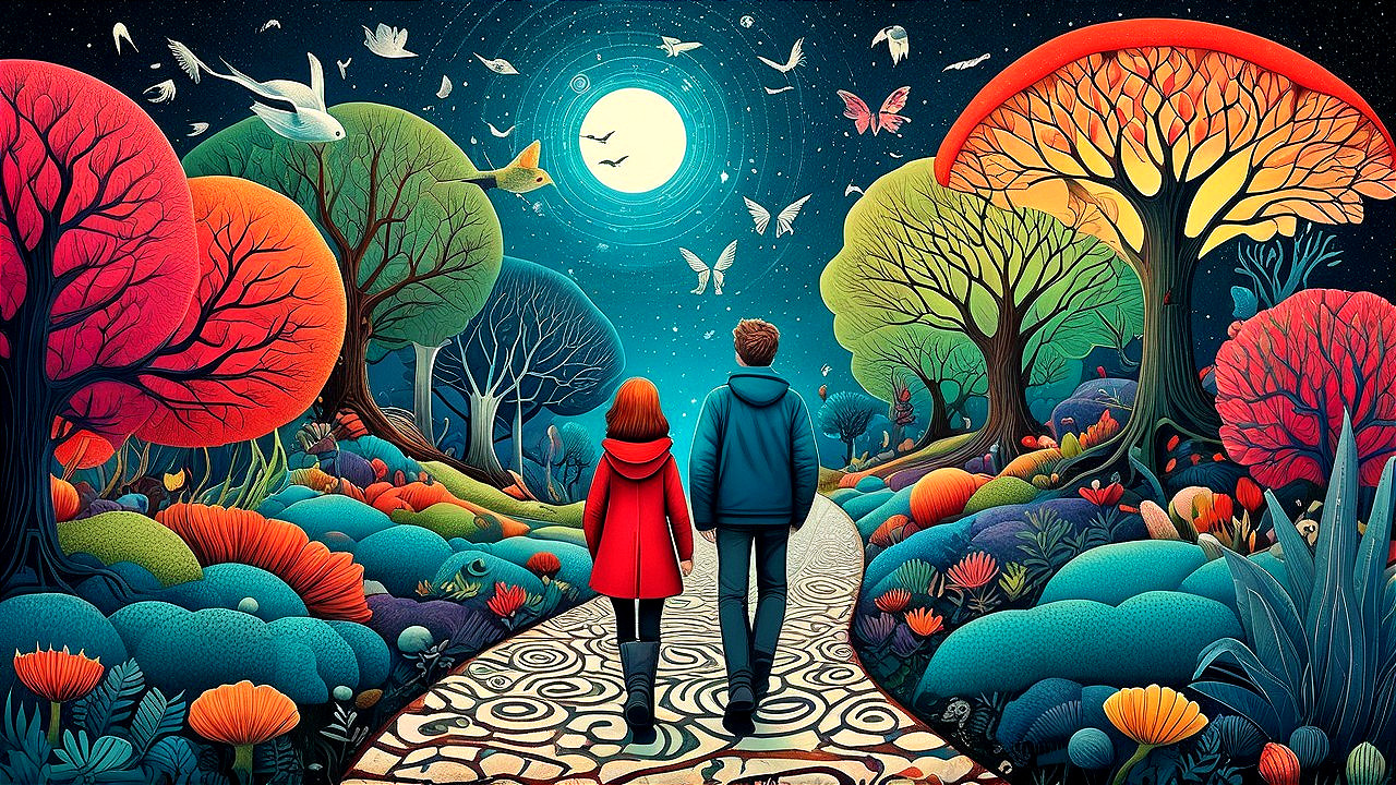 Couple Walking Through a Whimsical Landscape Scene