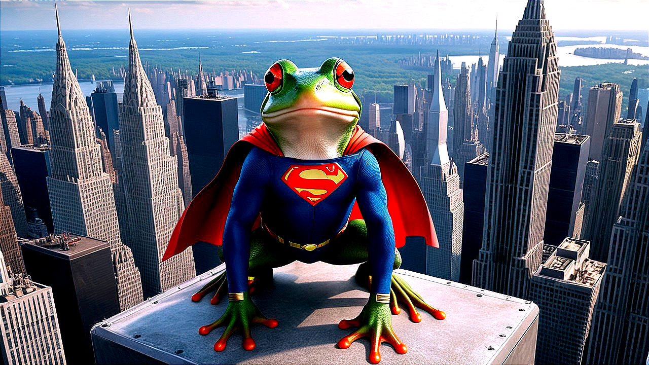 Superhero Frog on Skyscraper Overlooking City Skyline