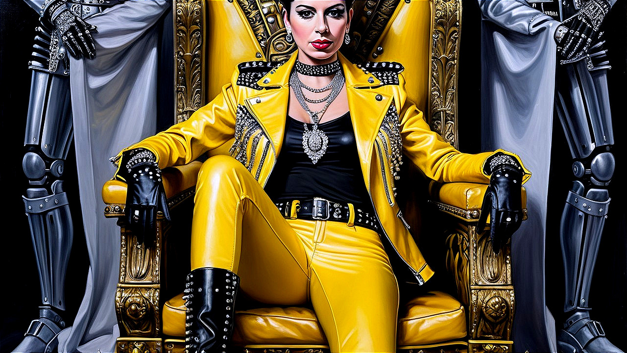 Confident Figure on Ornate Golden Throne with Robots