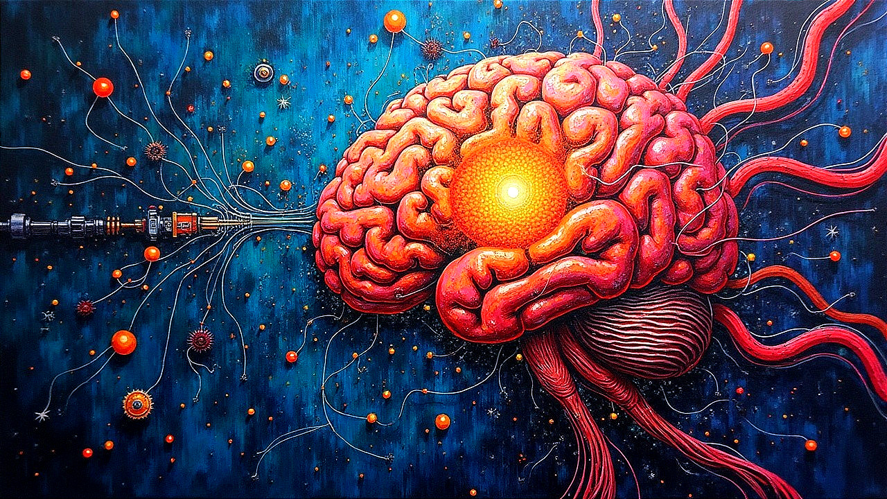 Vibrant Brain Artwork with Cosmic Backdrop and Technology