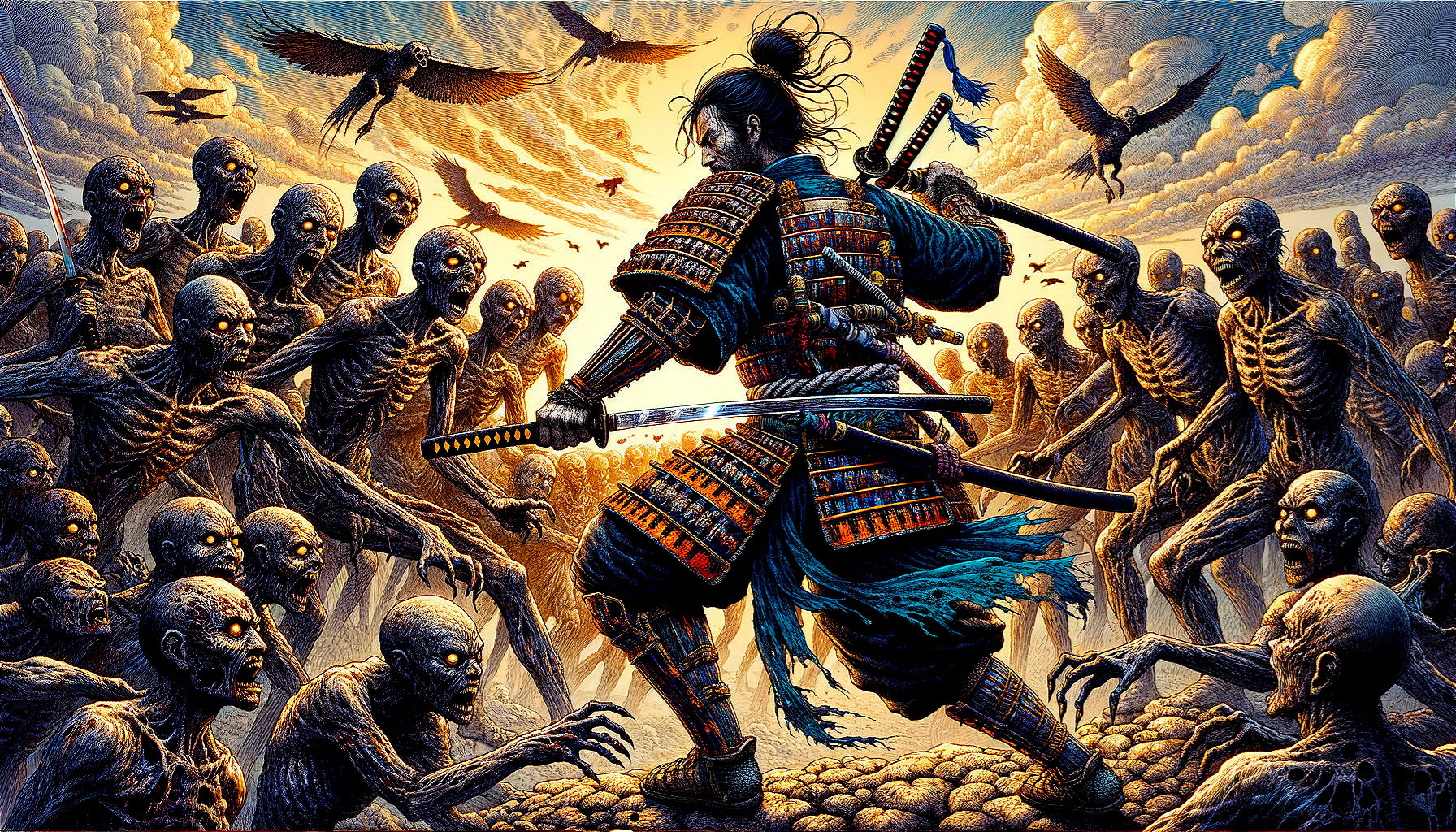 Samurai Faces Skeletal Warriors in Dramatic Battle Scene