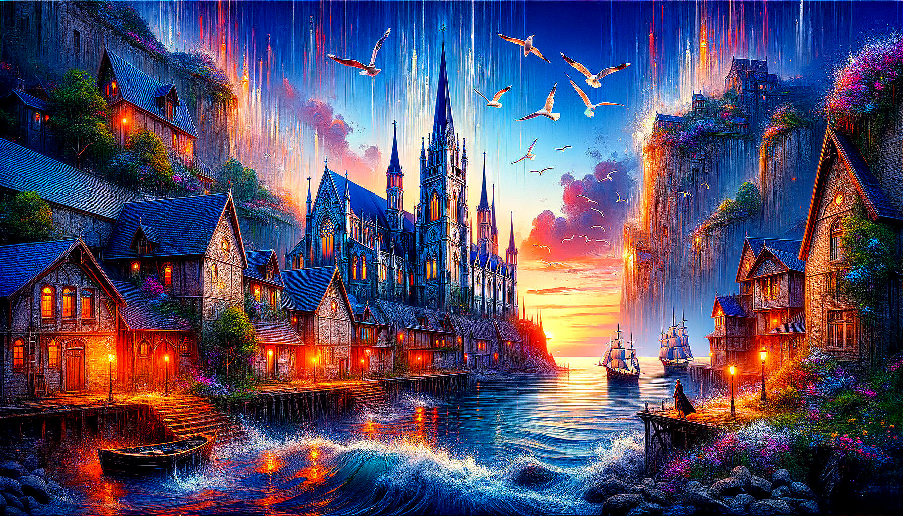 Sunset over a medieval coastal village with cathedral