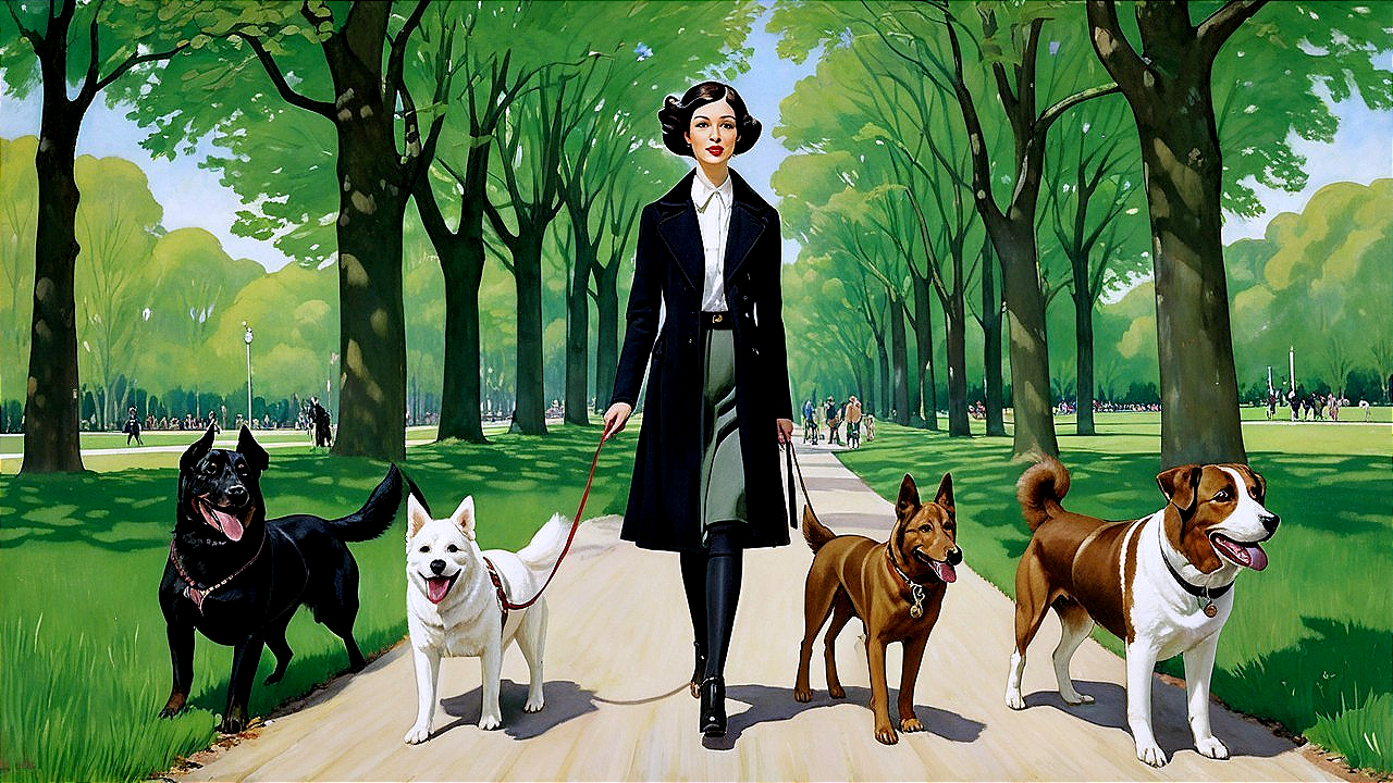 Stylish Woman Walking Four Dogs in Park Setting