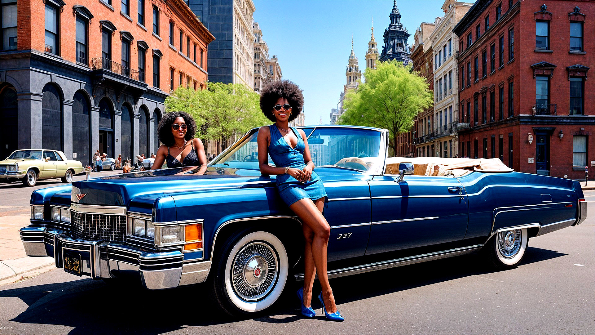 Women Posing by Vintage Blue Convertible Car in City