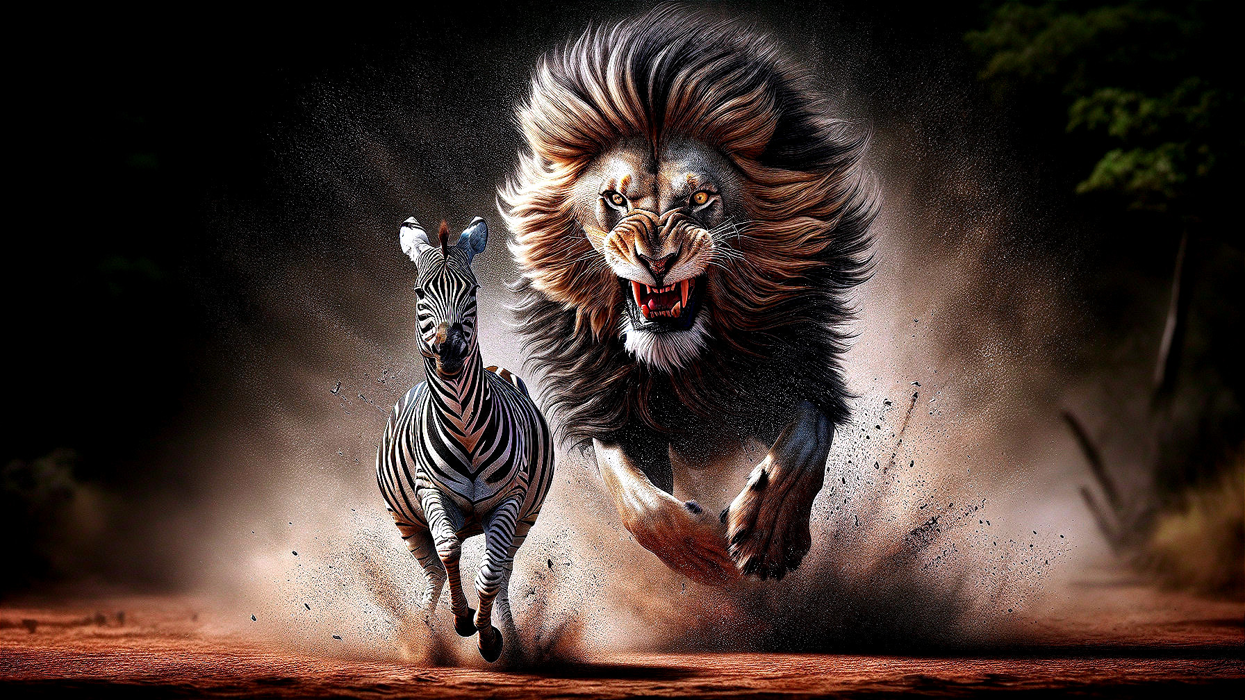 Lion Chases Zebra in Dusty Wild Terrain