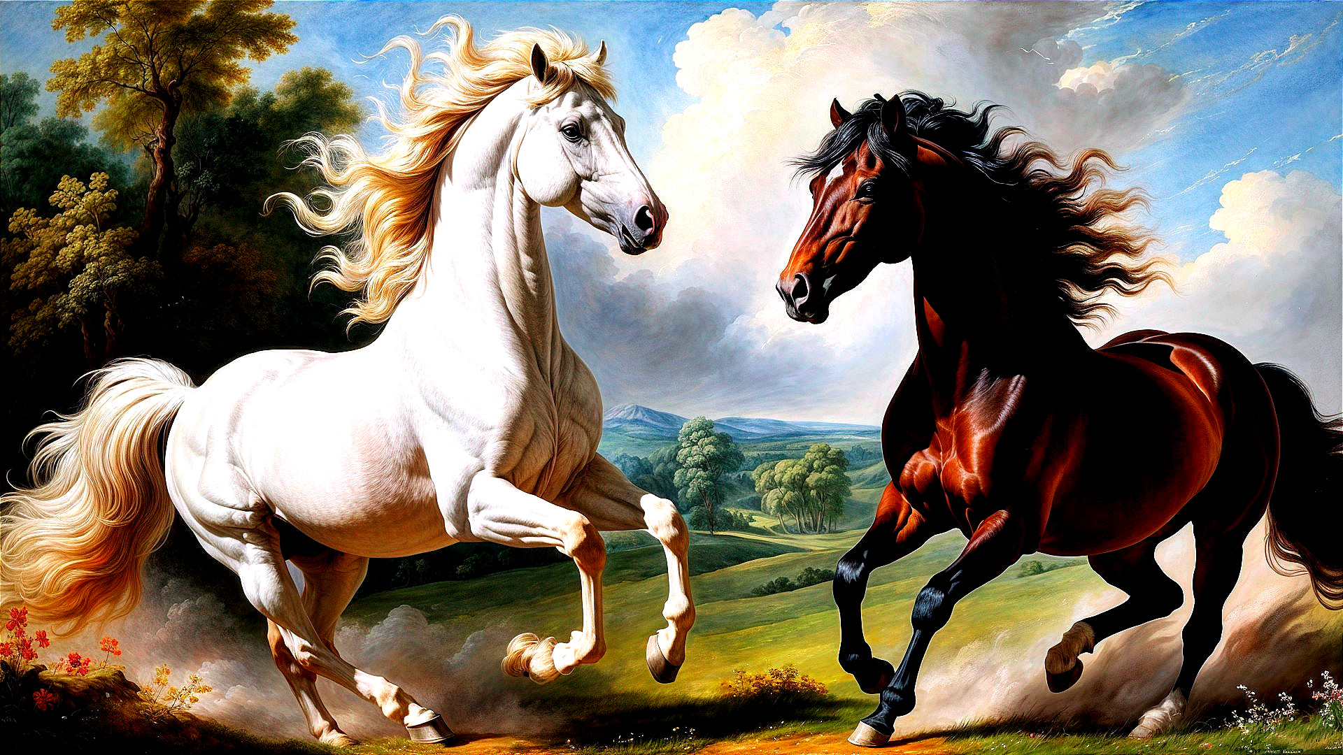 Horses in Motion Against a Serene Landscape