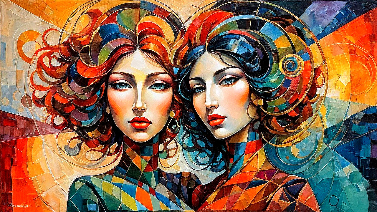 Stylized Women with Vibrant Hair and Geometric Patterns