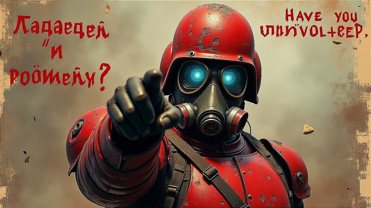 Futuristic Figure with Red Helmet and Gas Mask