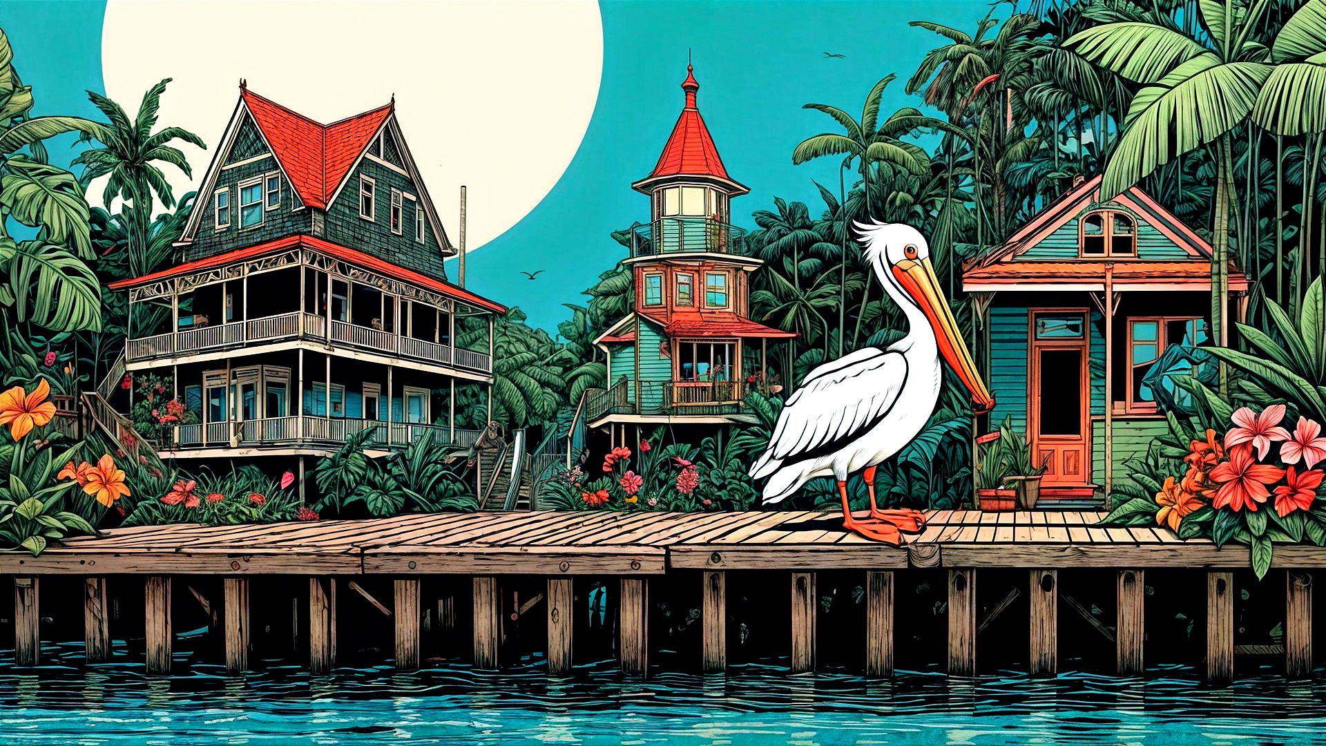 Tranquil Dock Scene with Pelican and Tropical Flowers