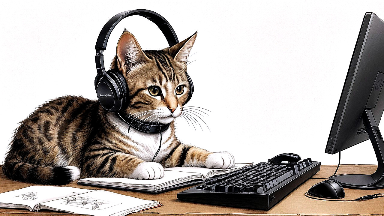 Striped Cat with Headphones at a Desk with Books