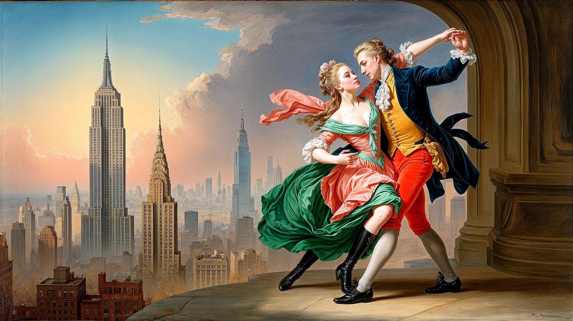 Couple in Period Costumes Against Iconic Skyline