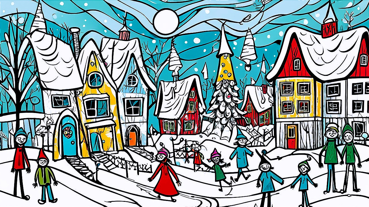 Colorful Winter Village Scene with Whimsical Houses