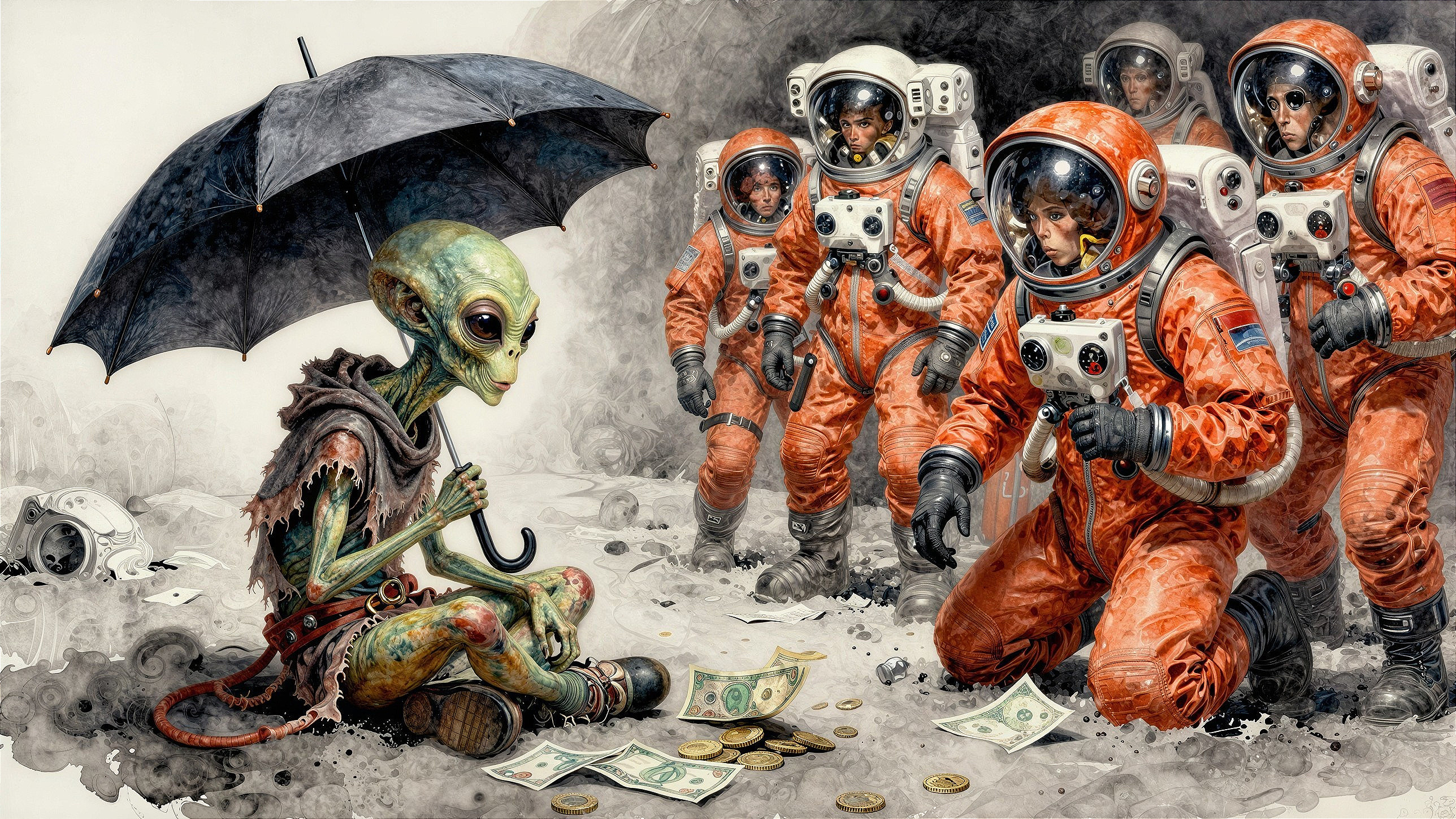 Alien with Scales and Astronauts in Orange Suits