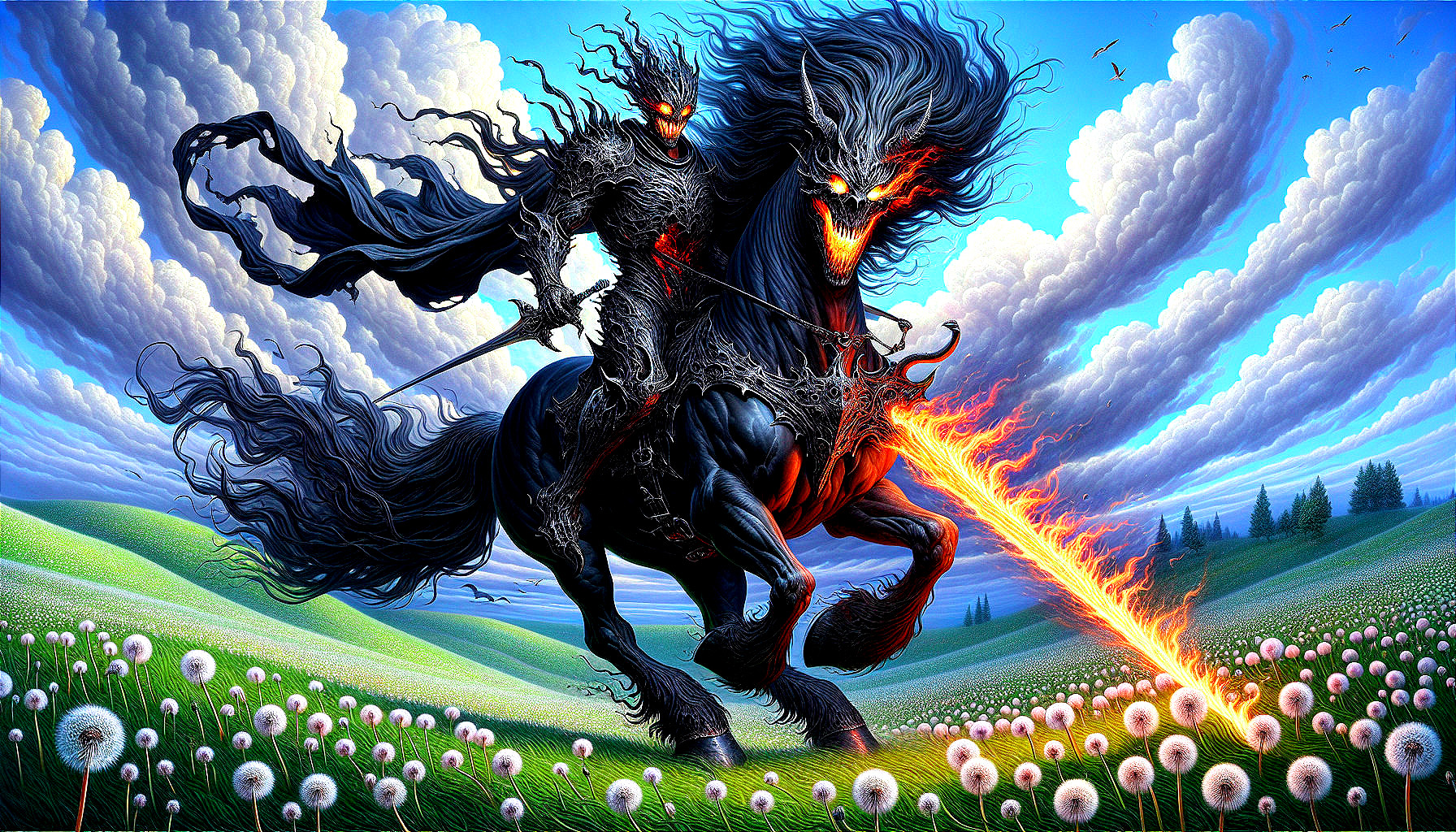 Armored Figure on Black Horse Amidst Vibrant Landscape