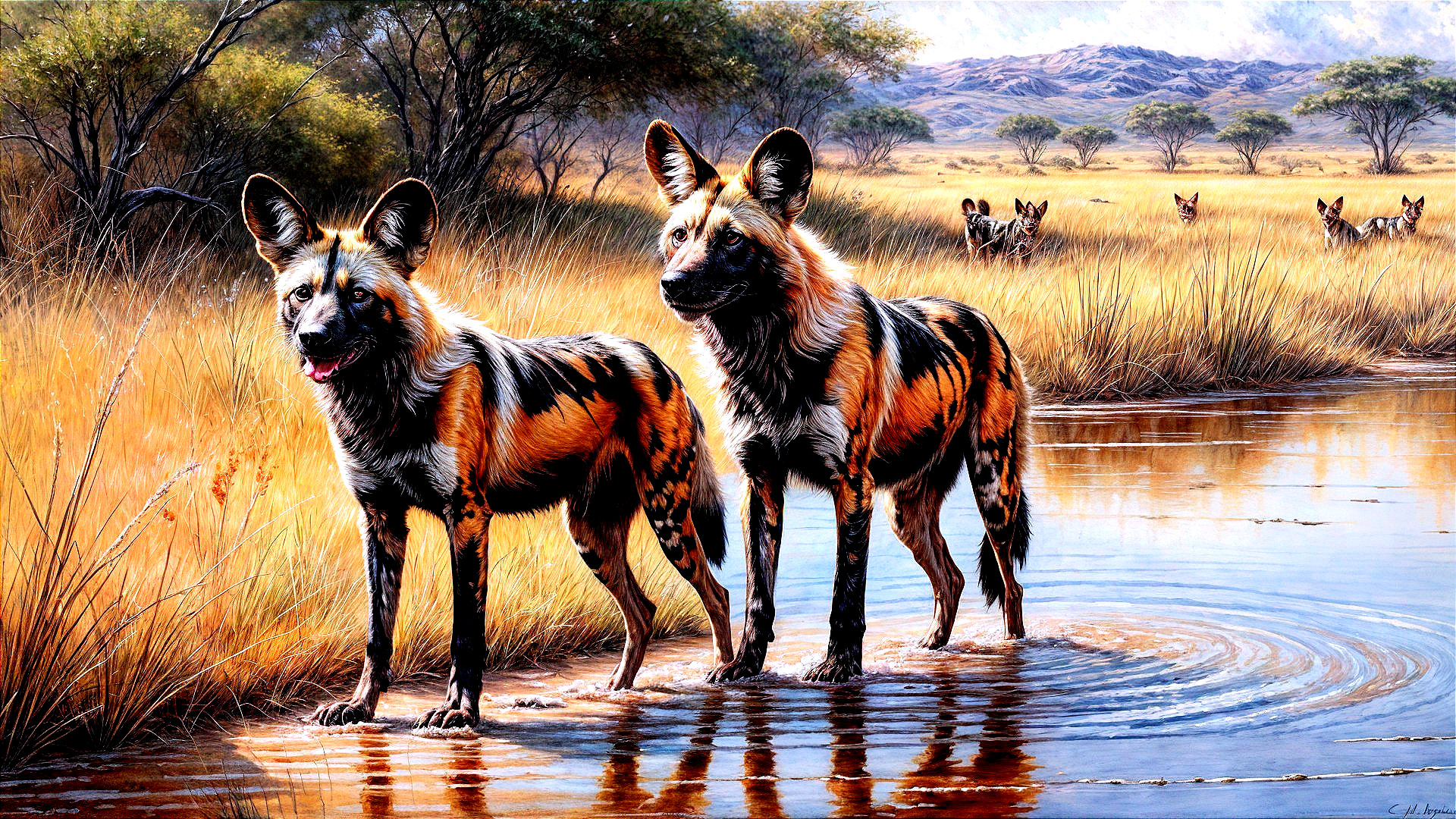 African wild dogs in water with golden grasses backdrop