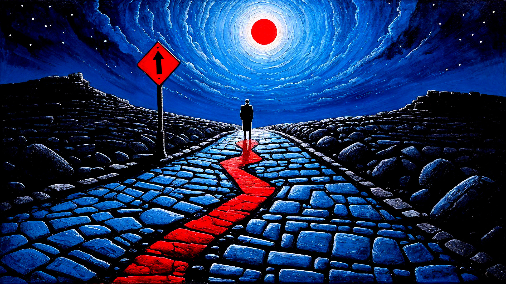 Solitary Figure on Winding Red Path in Surreal Landscape