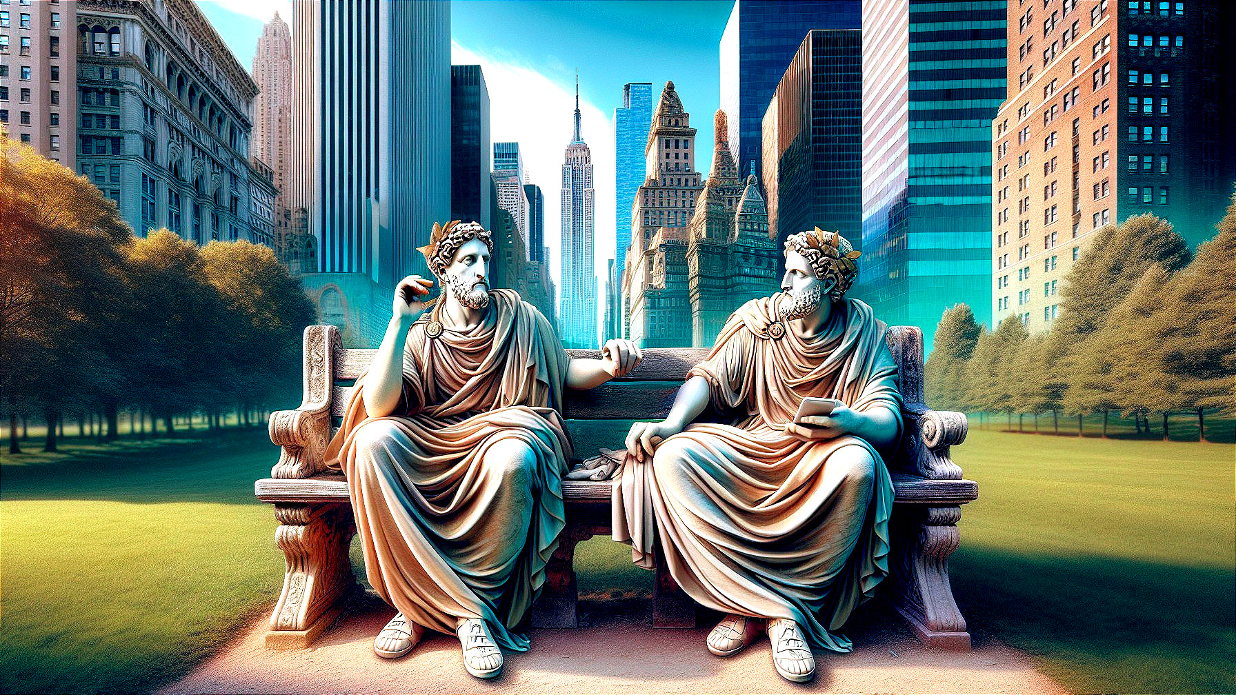 Classical Statues in Urban Park Setting with Skyscrapers