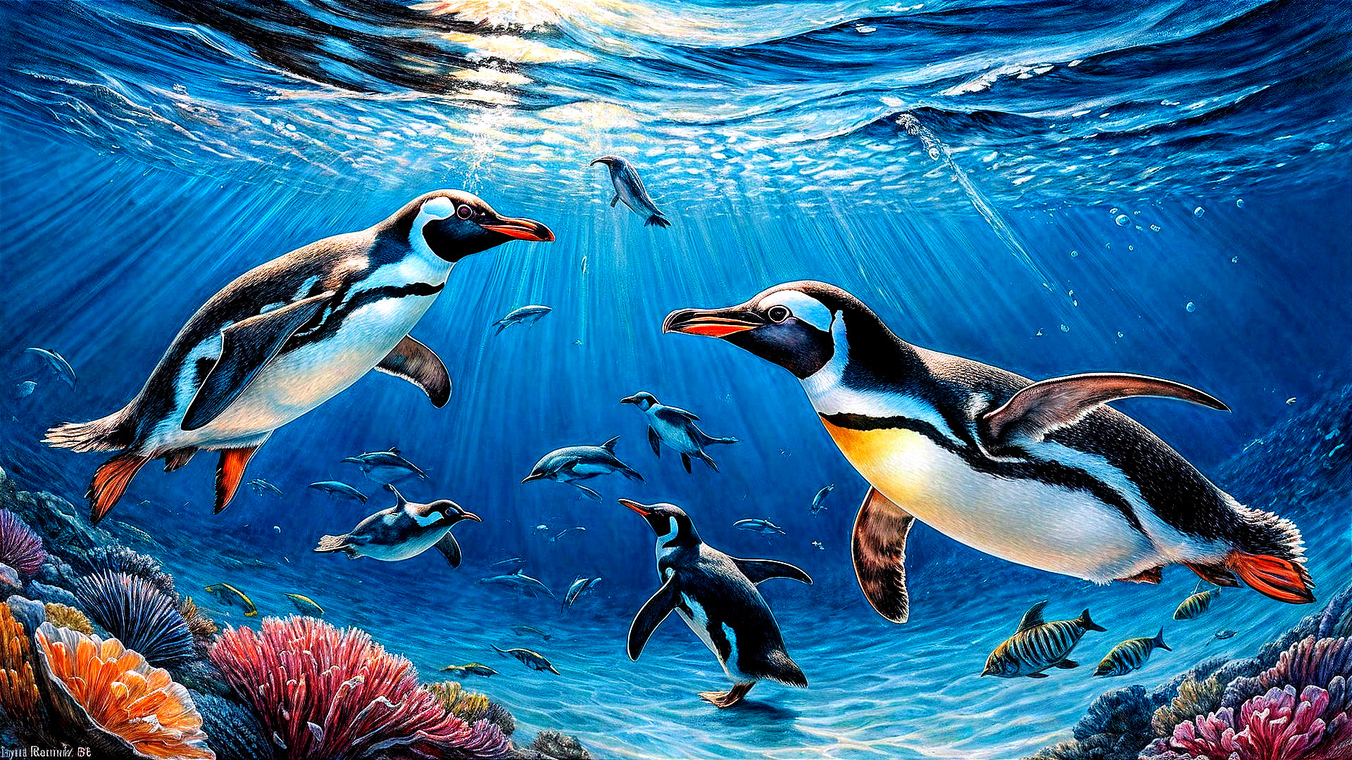 Vibrant Underwater Scene with Penguins and Coral