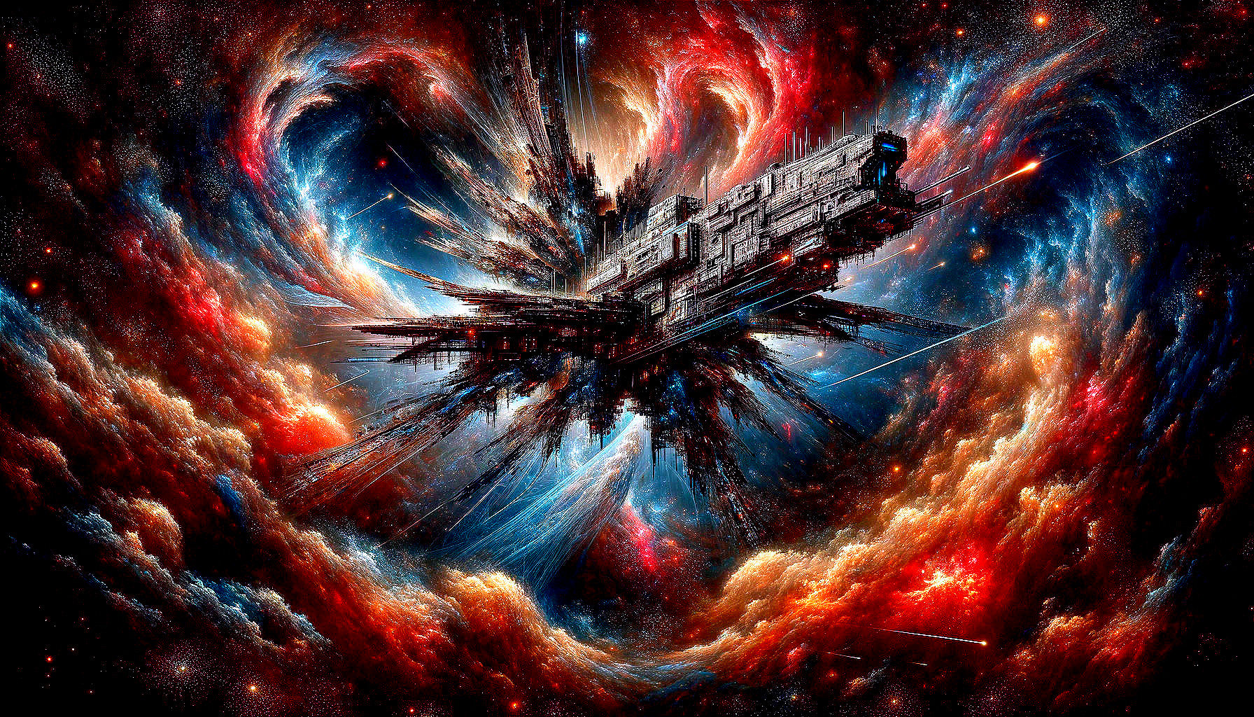 Majestic spacecraft in vibrant cosmic setting with colors