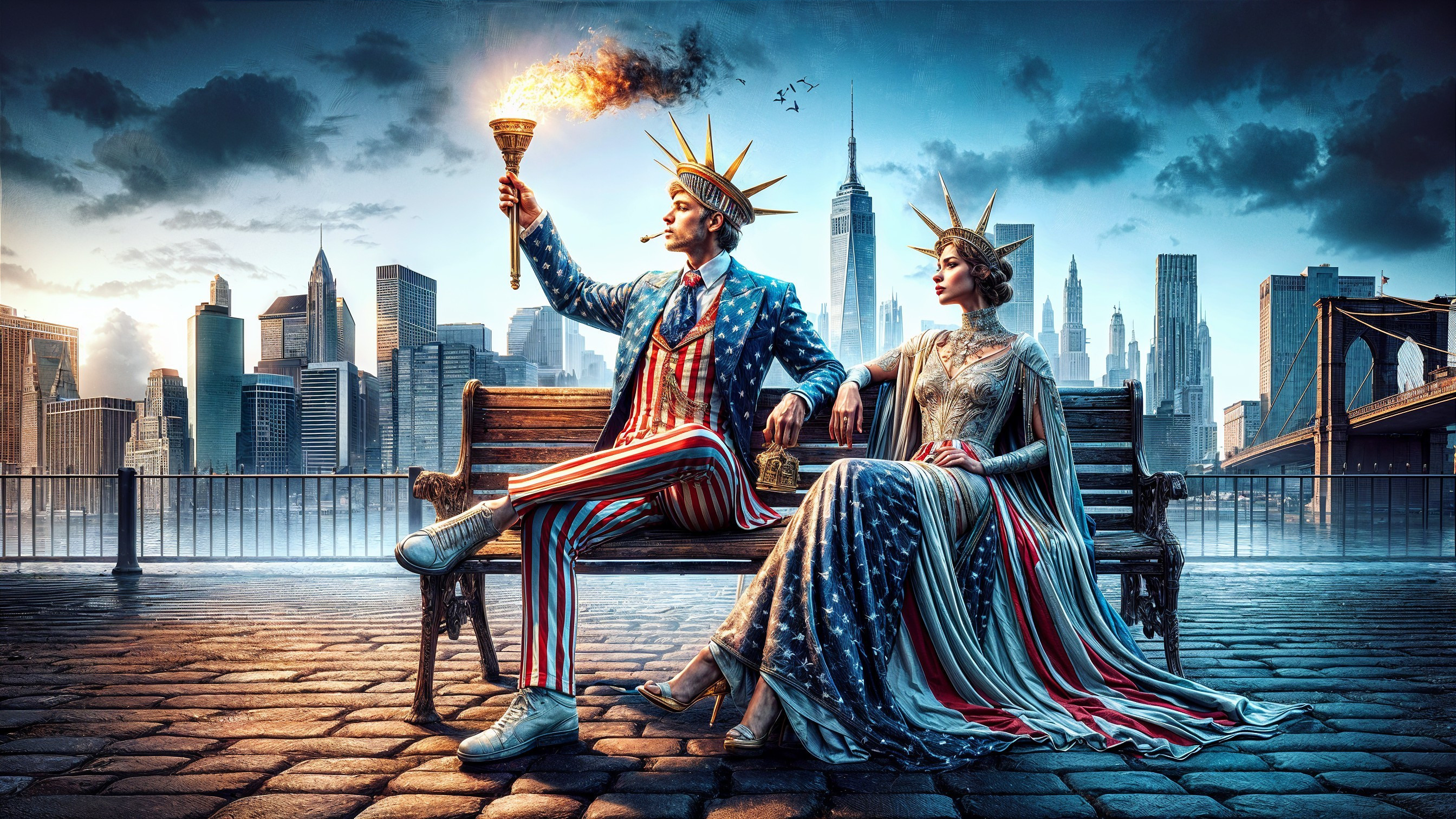 Patriotic Figures in Urban Setting with New York Skyline