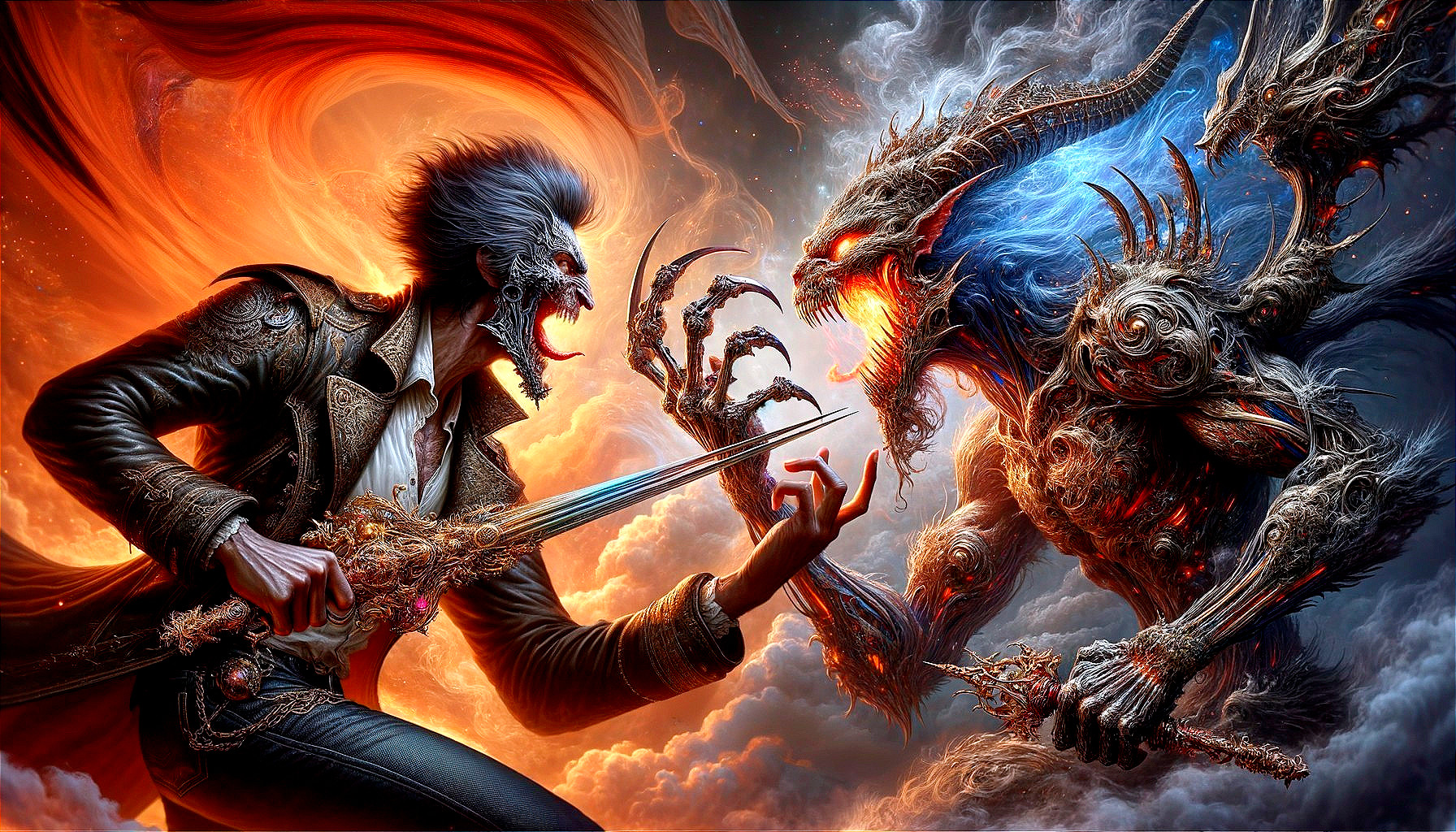 Vampire Figure Battles Nightmarish Creature in Chaos