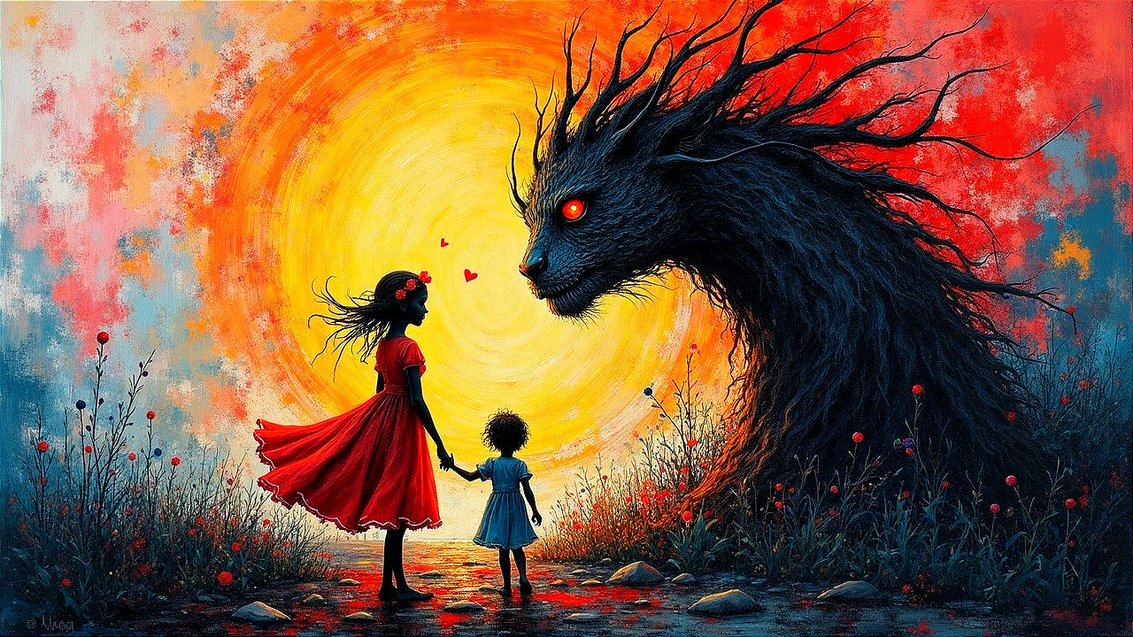 Surreal Landscape with Children and Mystical Creature