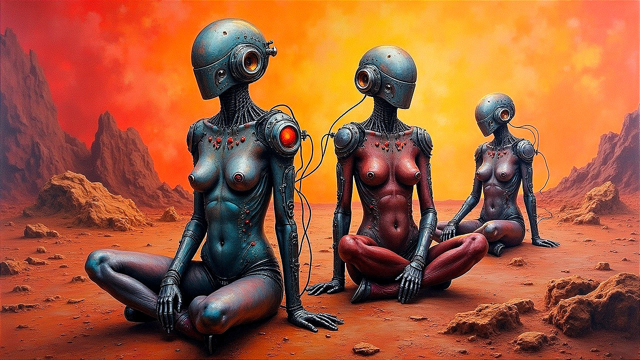 Humanoid Figures with Metallic Bodies on Reddish Landscape