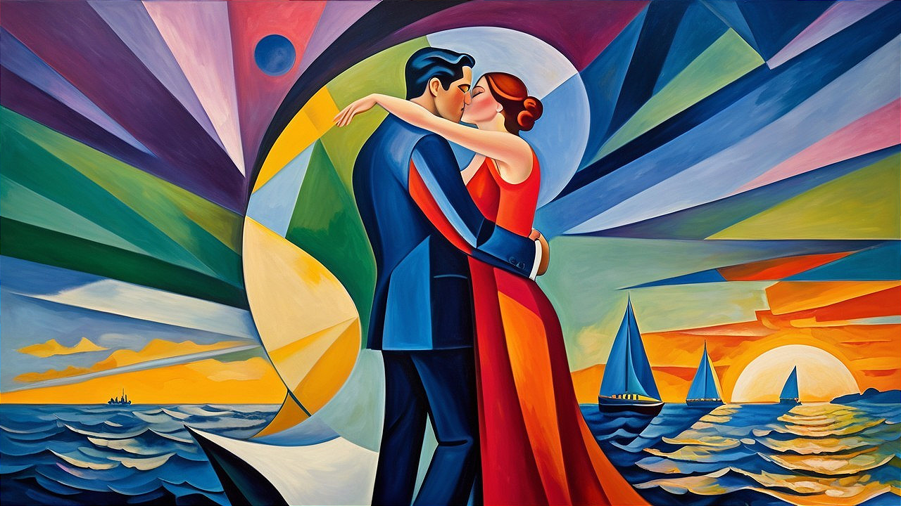 Abstract Painting of Embracing Couple with Seascape