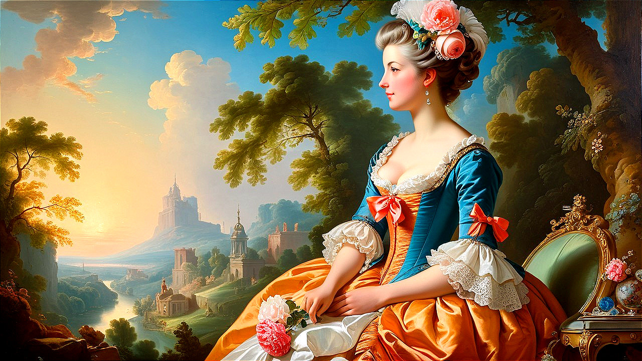 Graceful Woman in Elegant Dress with Serene Landscape