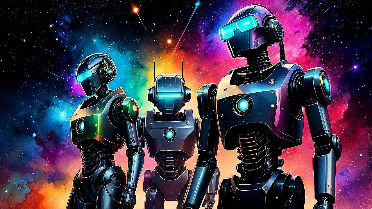 Futuristic Robots in a Vibrant Cosmic Background