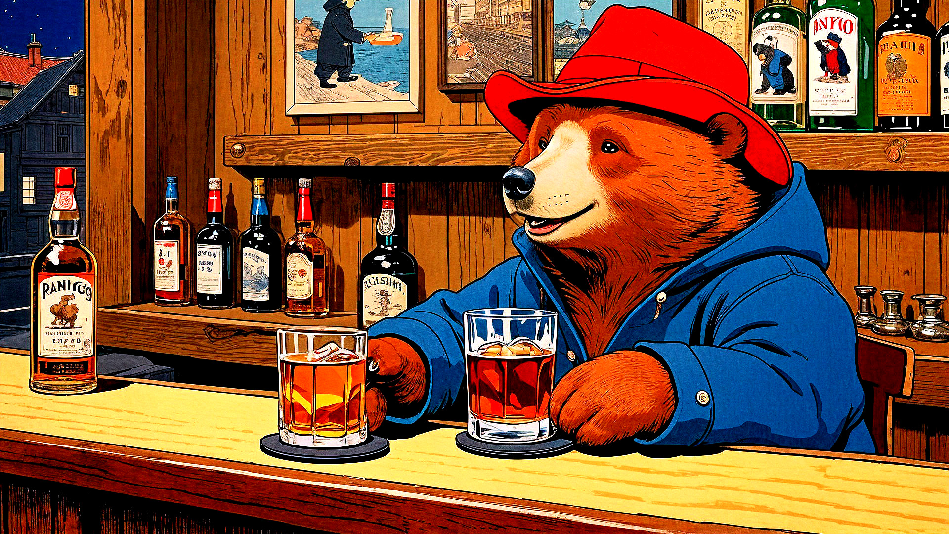 Charming bear at a rustic bar with cozy ambiance