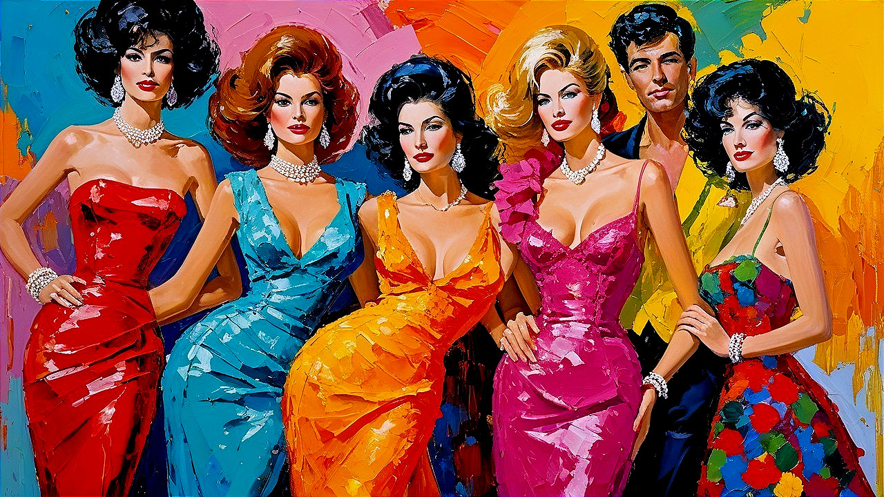 Colorful Painting of Six Glamorous Figures in Gowns