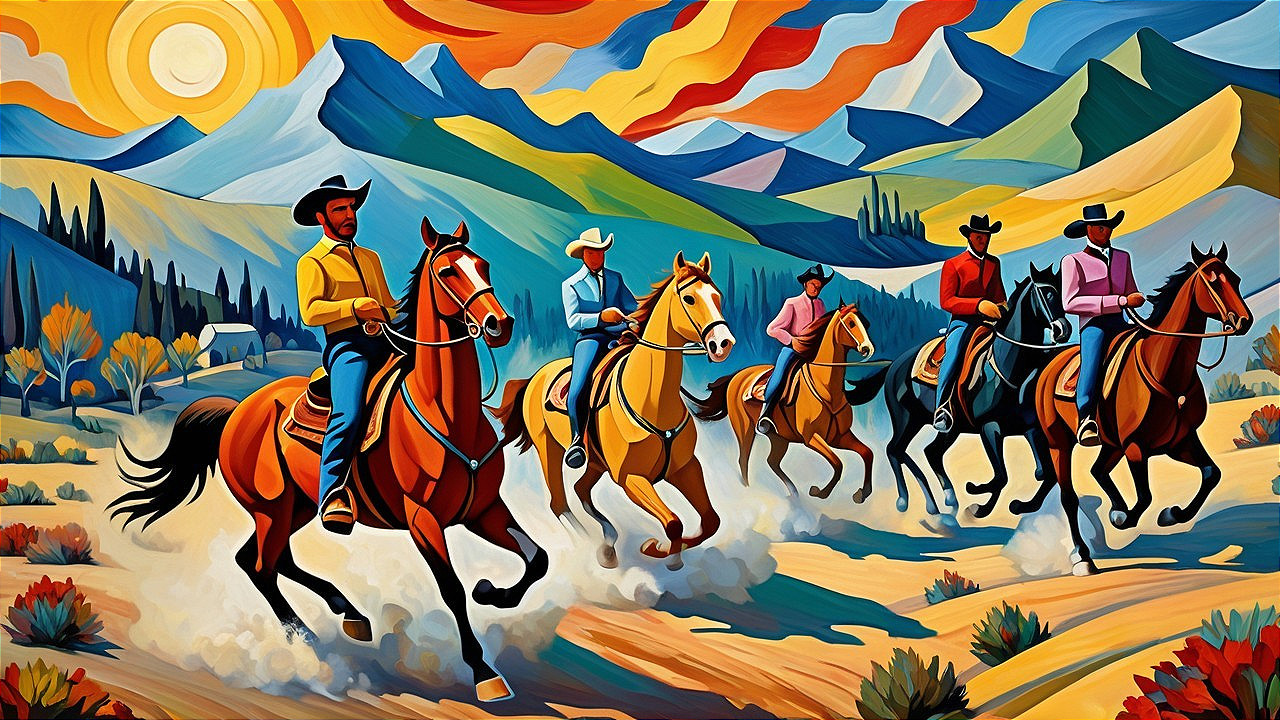 Colorful Painting of Horseback Riders in Landscape