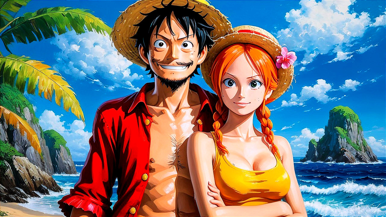 Vibrant Anime Characters on a Sunny Beach Scene