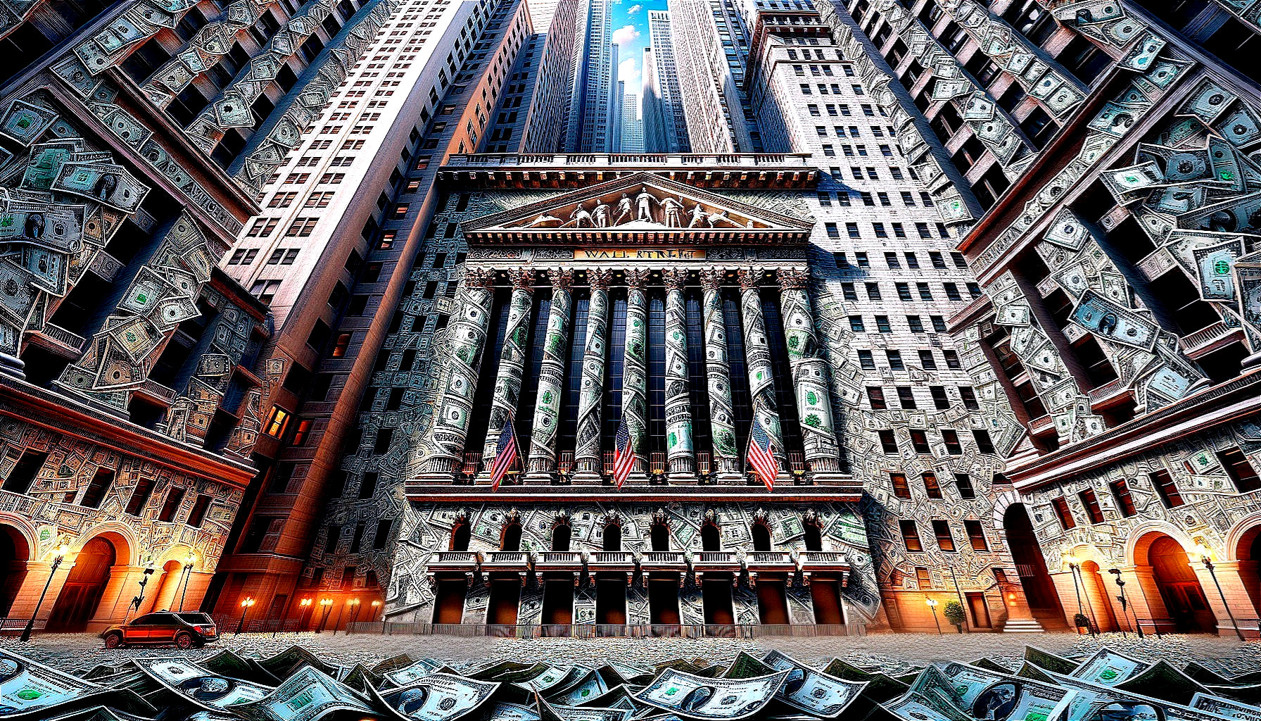 Financial District with Classical Building and Skyscrapers