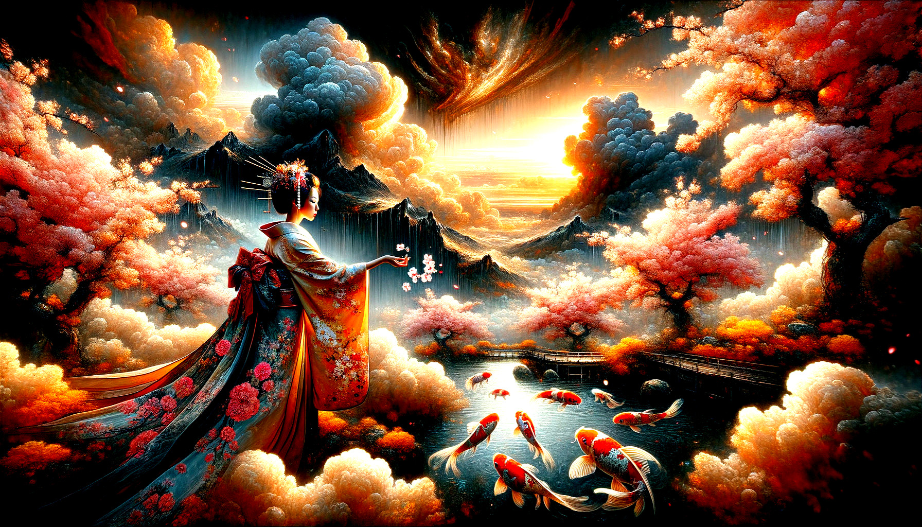 Vibrant Artwork of Woman in Traditional Dress and Landscape
