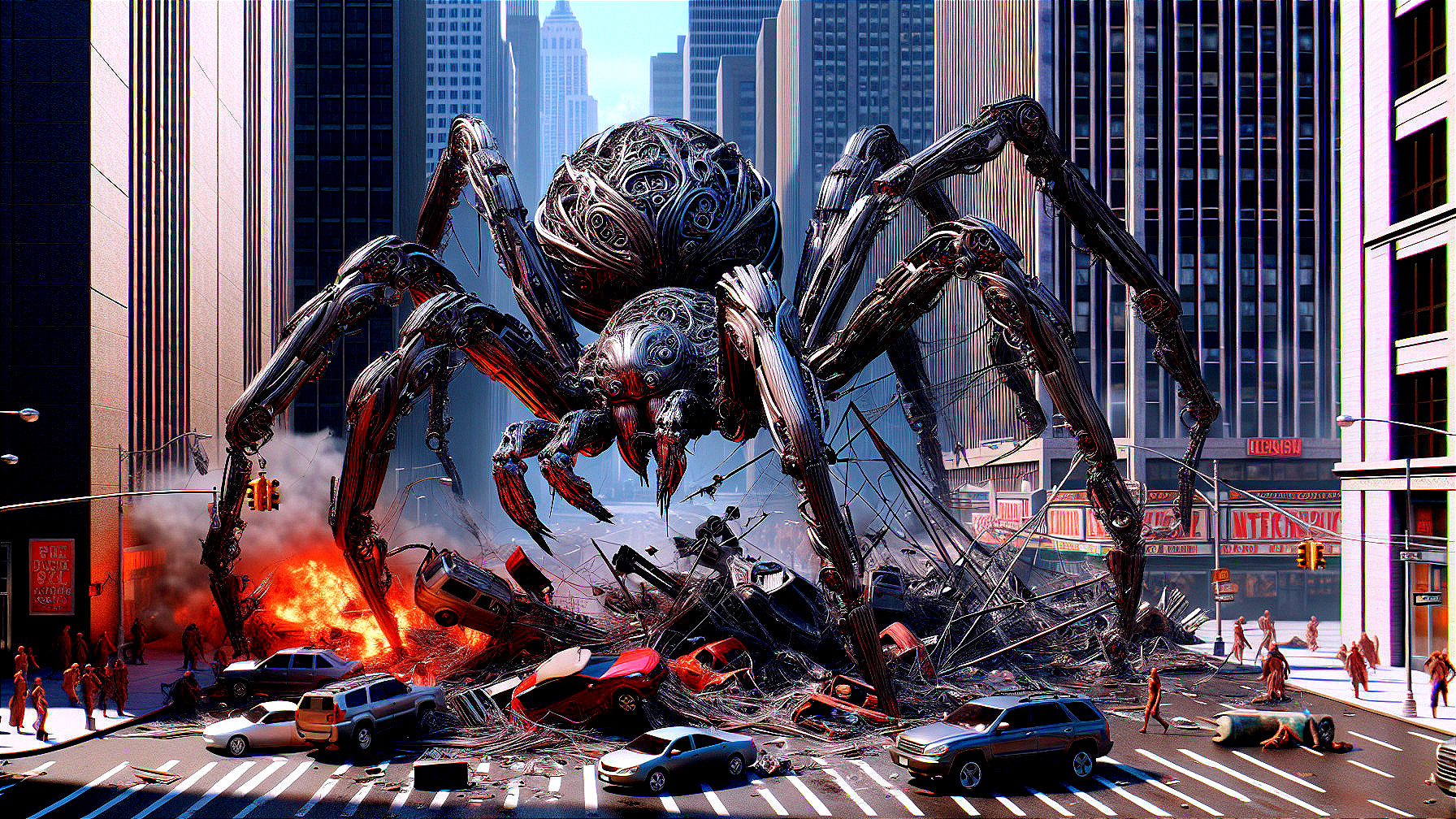 Futuristic cityscape with mechanical spider and chaos
