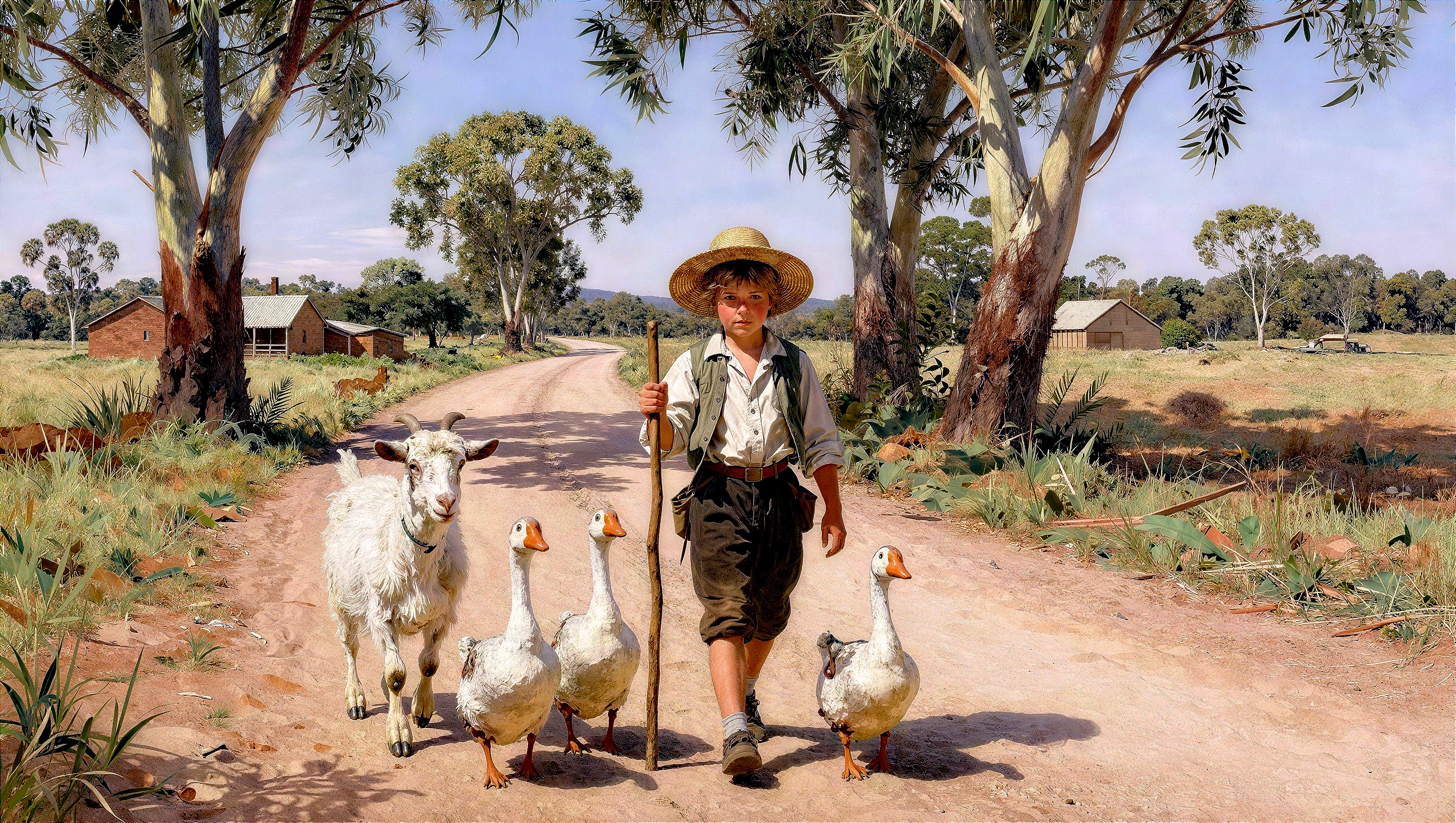 Young Boy Walking with Goat and Geese on Dirt Road