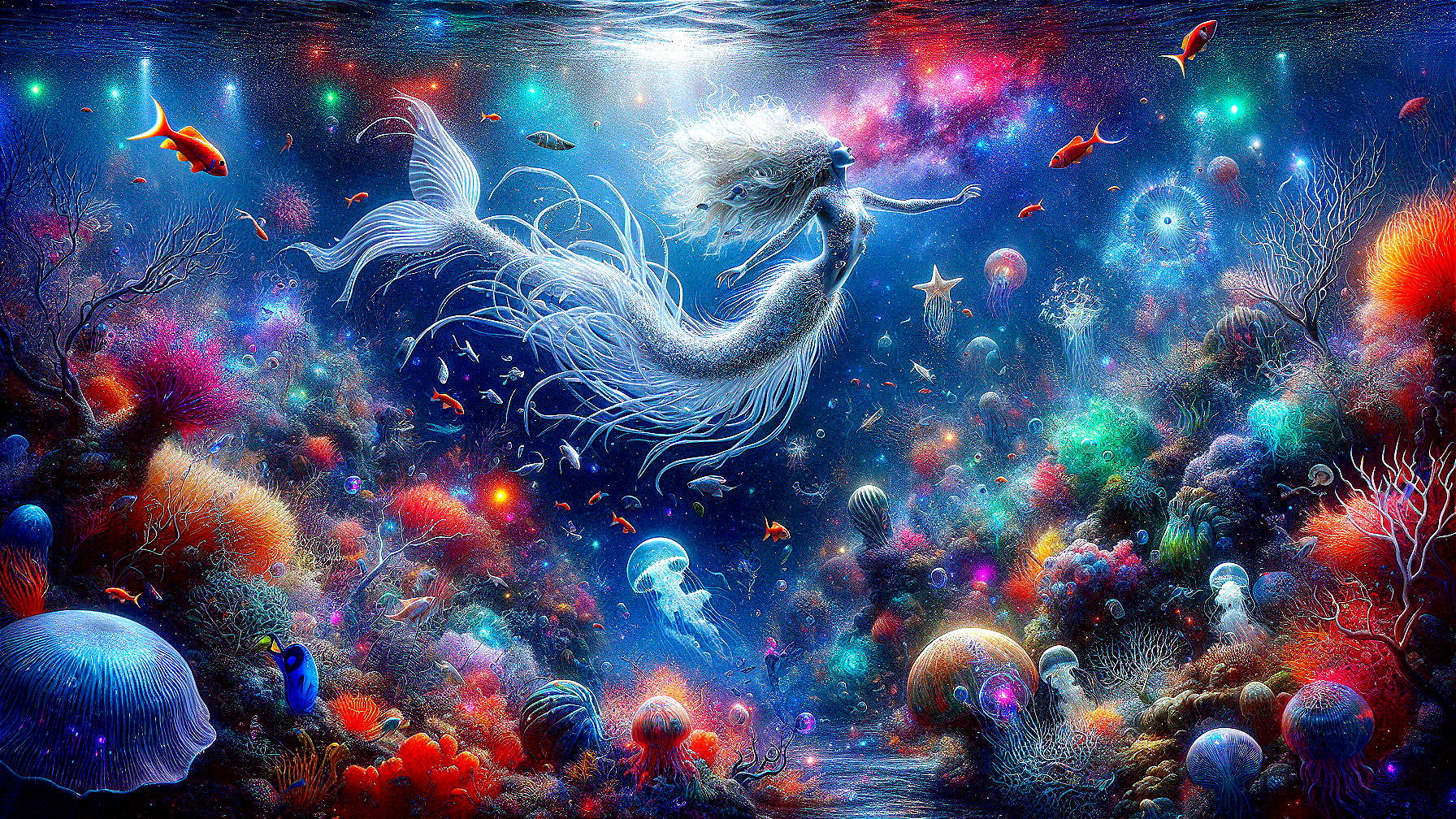 Underwater Scene with Mermaid and Marine Life