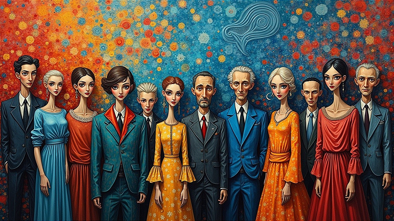 Twelve Elegantly Dressed Individuals in Vibrant Setting