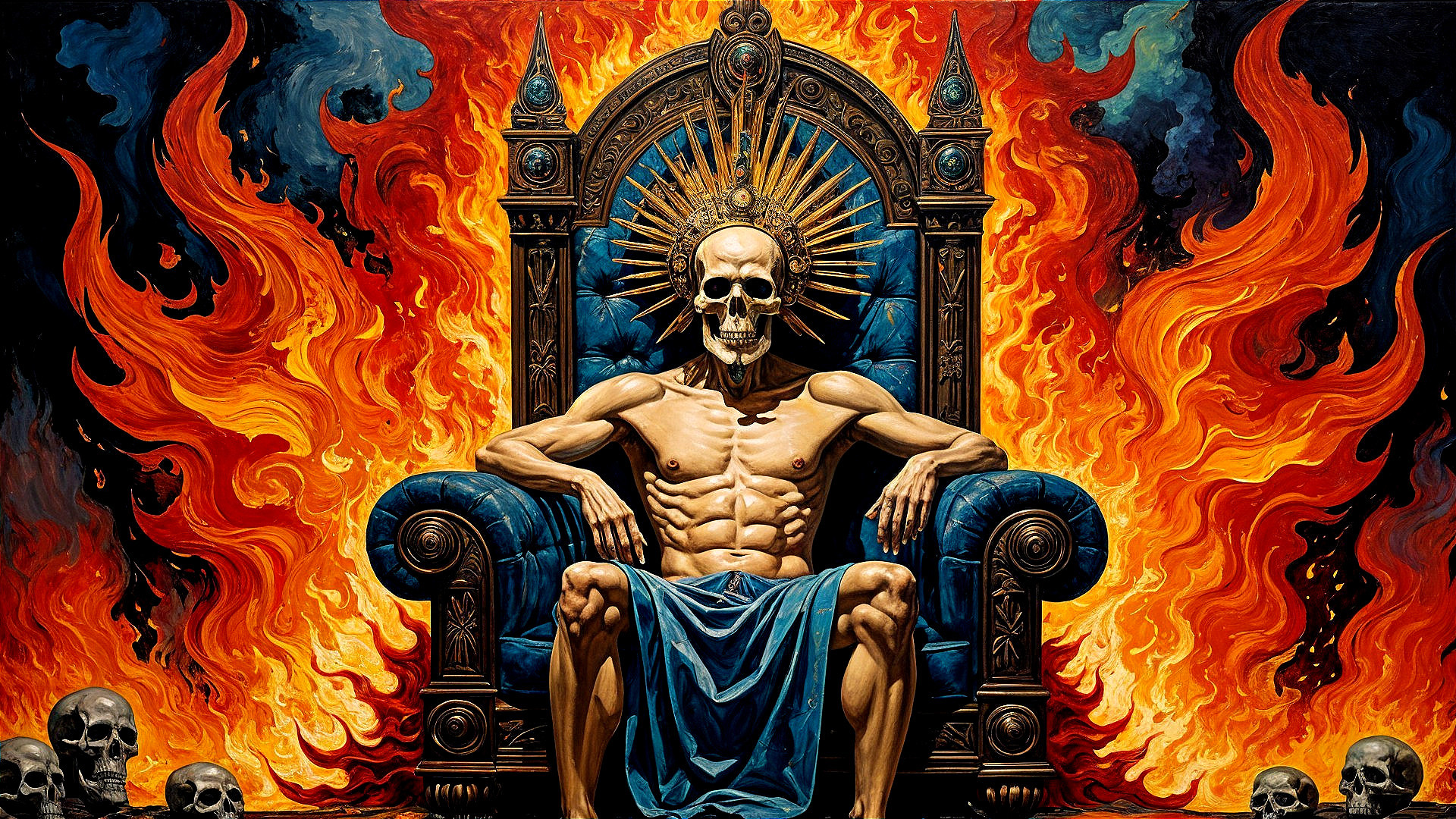 Skeletal Figure on Throne Surrounded by Flames and Skulls