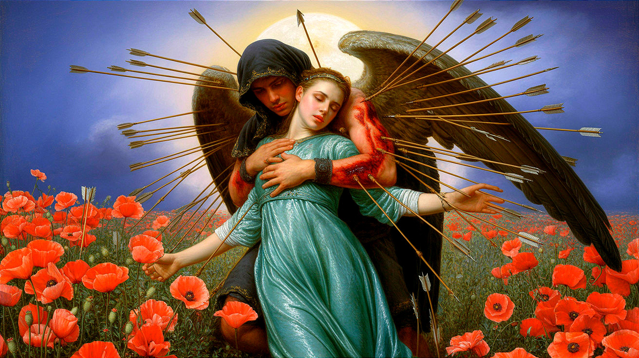 Dreamy Landscape with Angel and Serene Woman