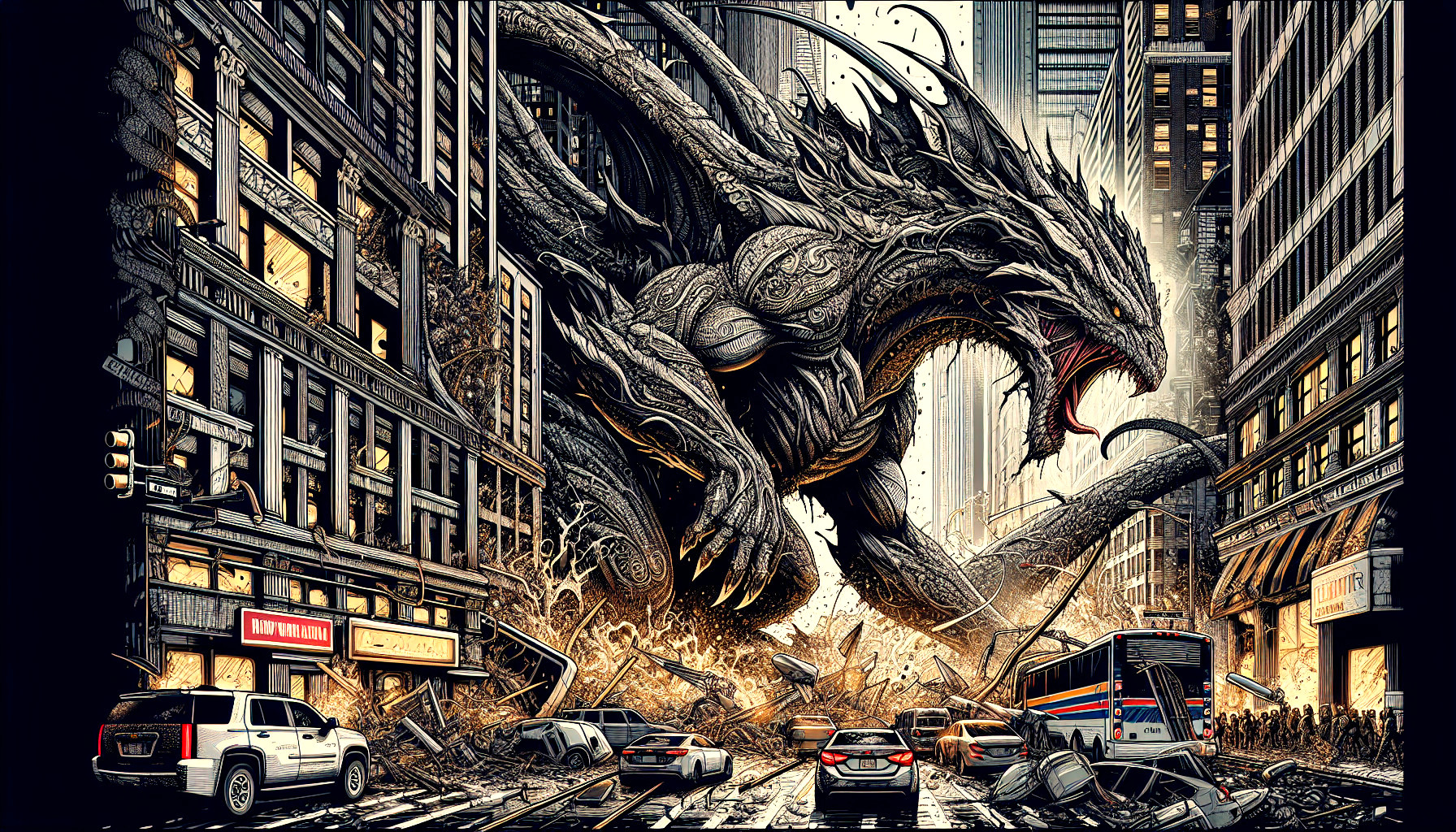 Mythical Creature Towers Over Cityscape in Chaos