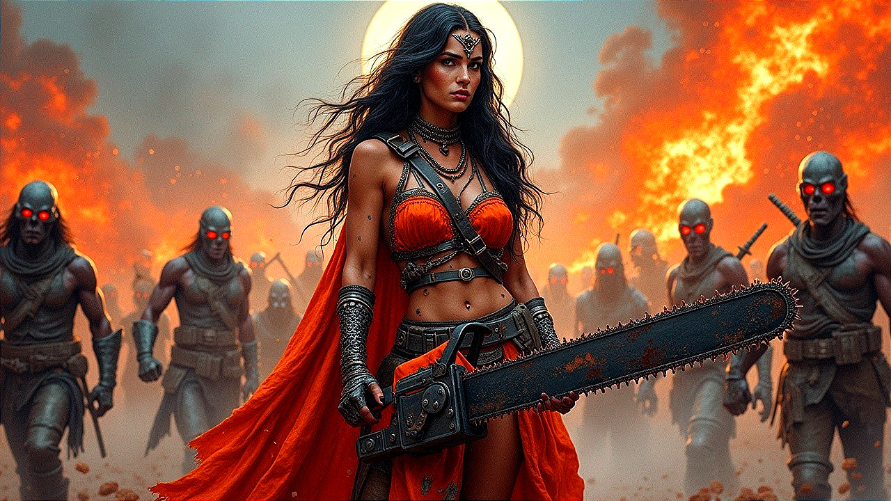 Fierce Warrior Woman with Chainsaw in Fiery Landscape